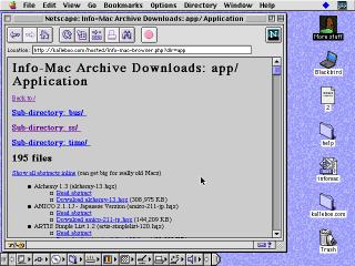 Screenshot of Netscape 3 on MacOS 8 showing a download page with a list of files